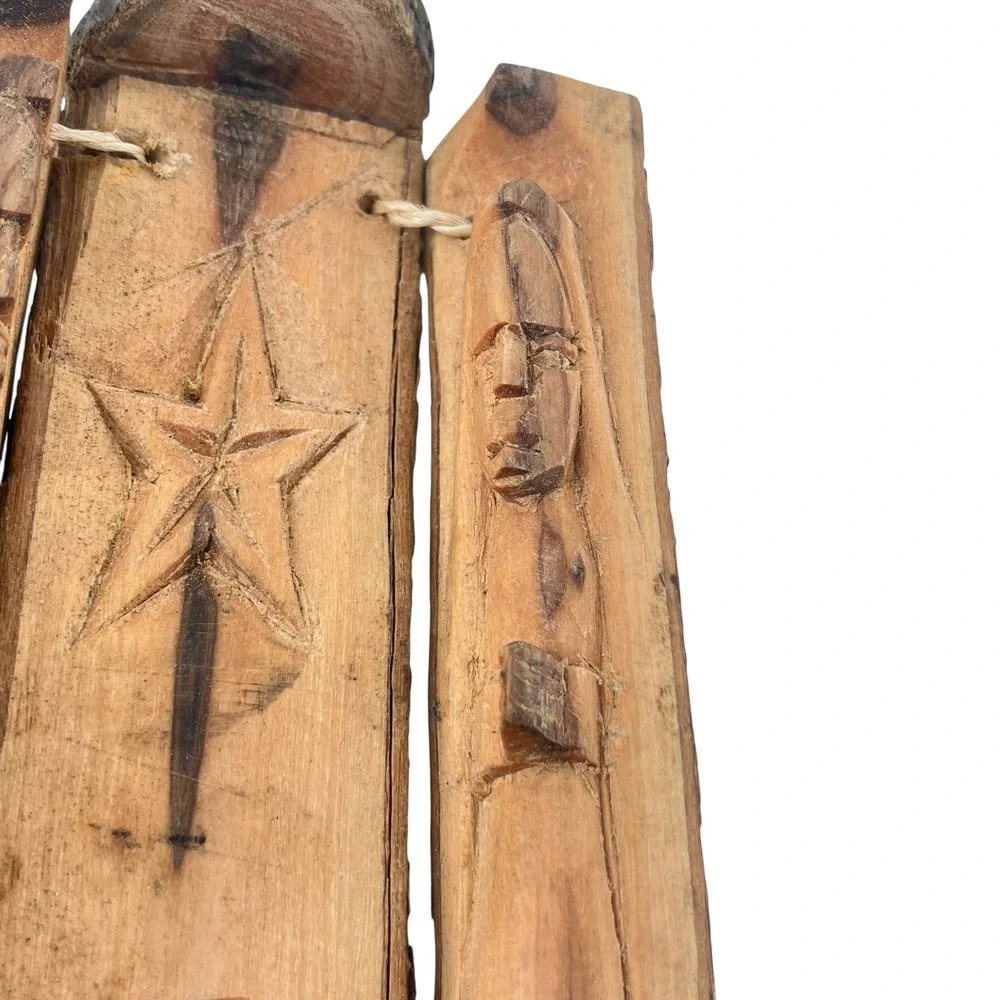 Hand Carved Rustic Wood Bark Nativity Scene Triptych Folk Art Christmas Decor